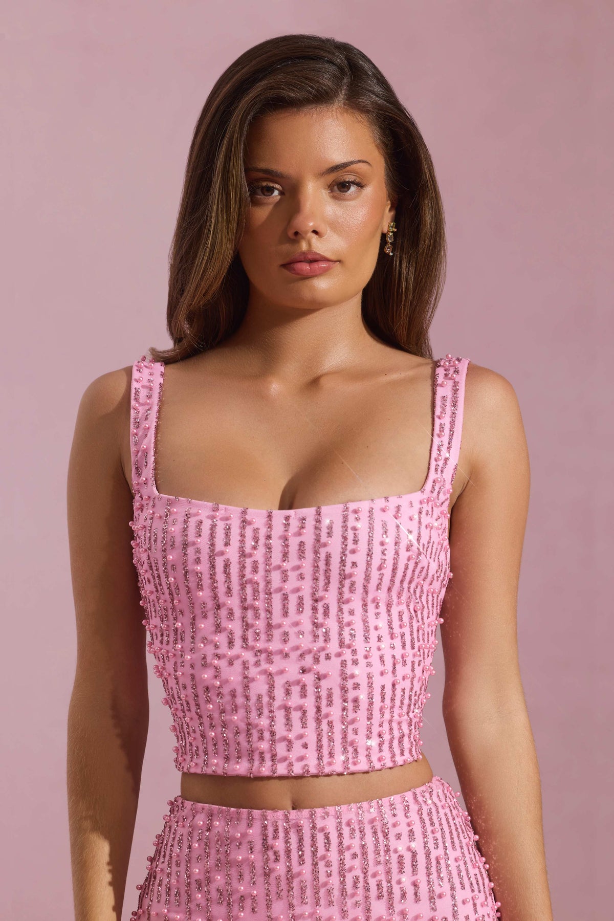 Lirael-Embellished Square-Neck Crop Top in Pink