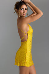 Eleodora-Embellished Halterneck Mini Dress in Buttercup