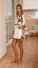 Bailey Off Shoulder Top - White / Brown