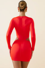 Maryse-Ruched Cut-Out Mini Dress in Scarlet