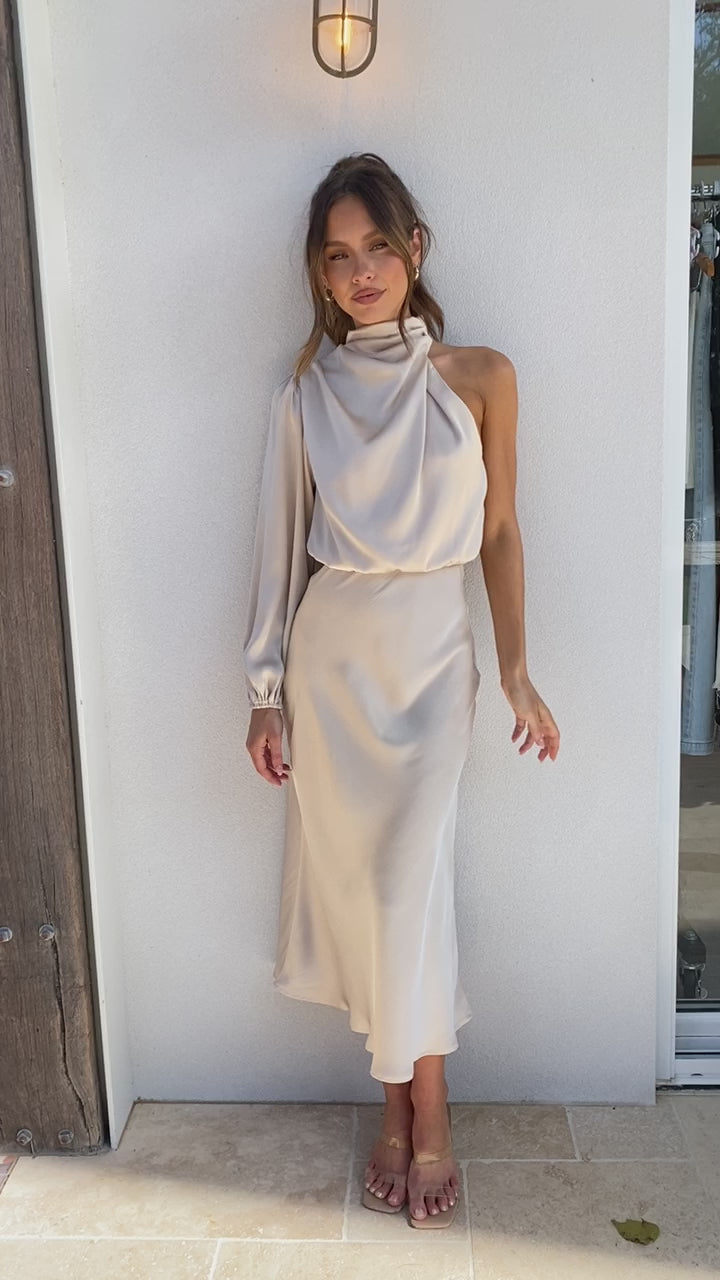 Esther One Shoulder Long Sleeve Dress - Champagne