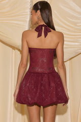 Felicity-Embellished Halterneck Bubble Hem Mini Dress in Wine Red