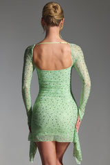 Marilla-Embellished Draped Cowl-Neck Mini Dress in Pistachio