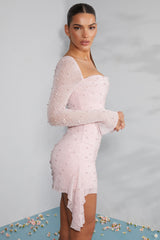 Tivoli-Long Sleeve Embellished Cowl Neck Mini Dress in Blush