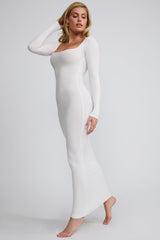 Jude-Ribbed Modal Long Sleeve Maxi Dress in White