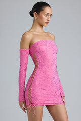 Jade-Embellished Lace-Up Off-Shoulder Mini Dress in Bubblegum Pink