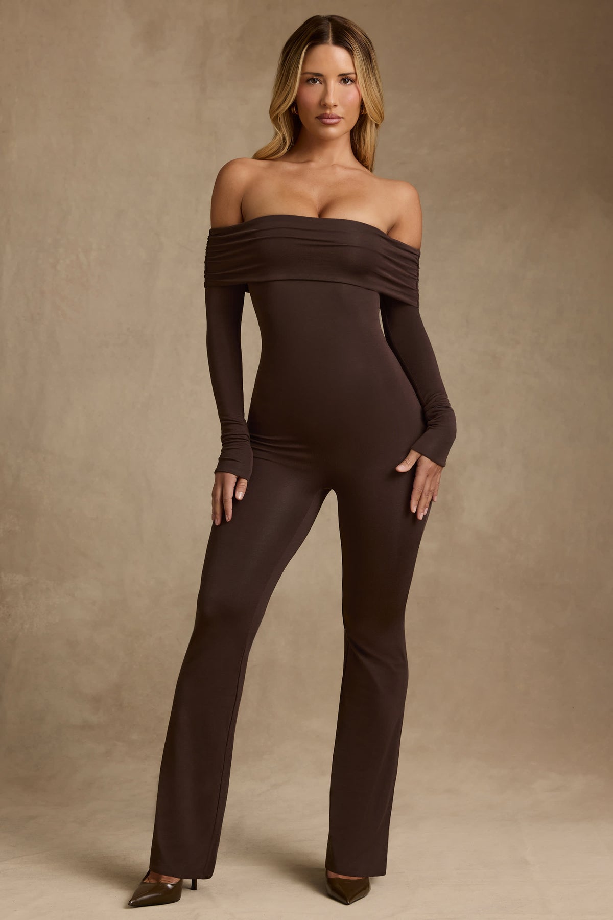 Dilnaz-Modal Off-Shoulder Ruched Jumpsuit in Chocolate Brown