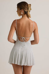 Mansi-Modal Ribbed Tie-Back A-Line Mini Dress in Blue Yellow Stripe