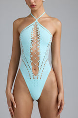 summer-Lace-Up Halterneck Bodysuit in Ice Blue