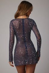 Zeta-Sheer Embellished Long Sleeve A-Line Mini Dress in Navy