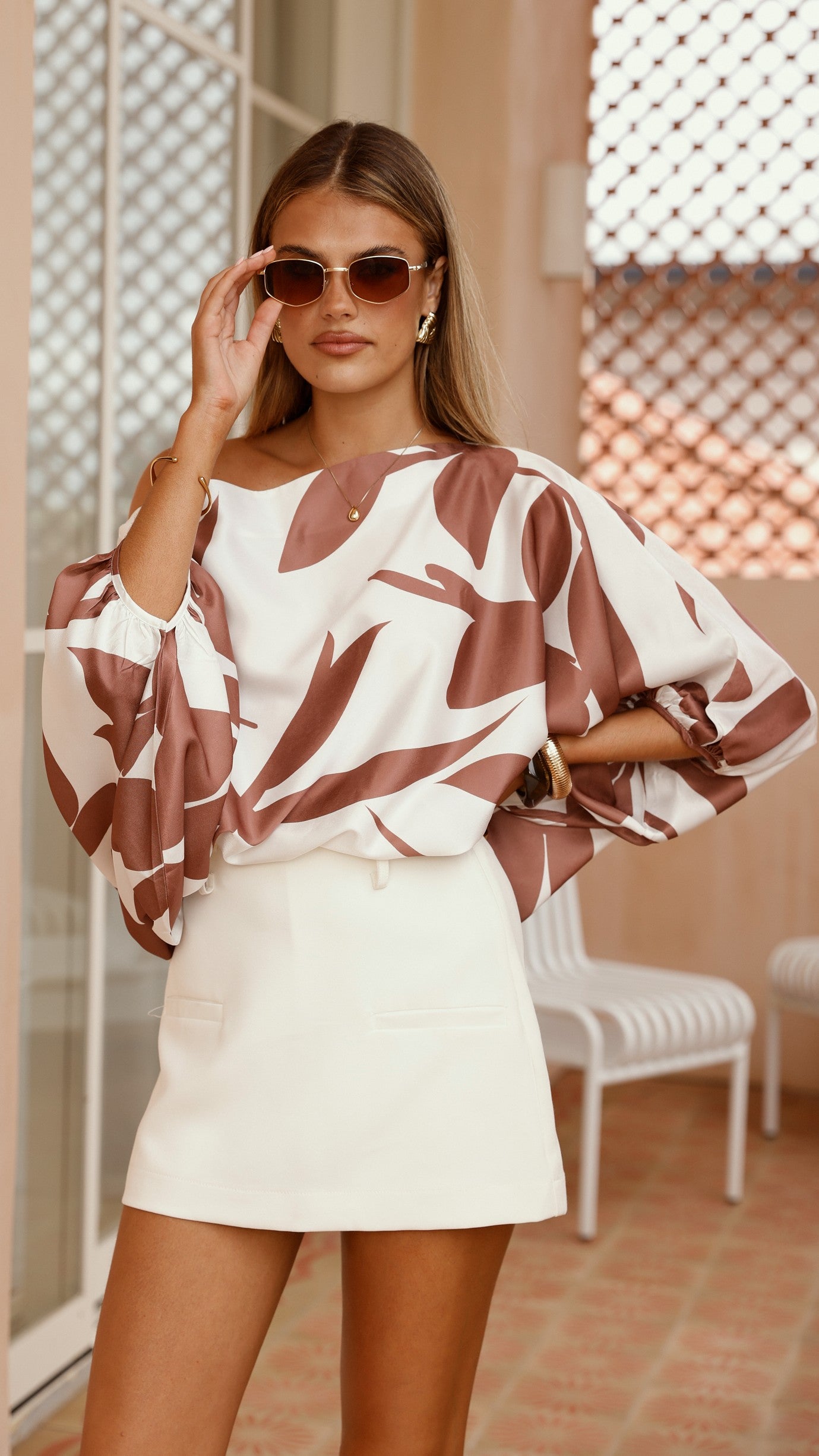 Bailey Off Shoulder Top - White / Brown
