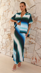Shayla Button Up Shirt - Blue / Green Print