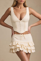 Lucia-Plunge-Neck Scalloped Corset Top in Ivory