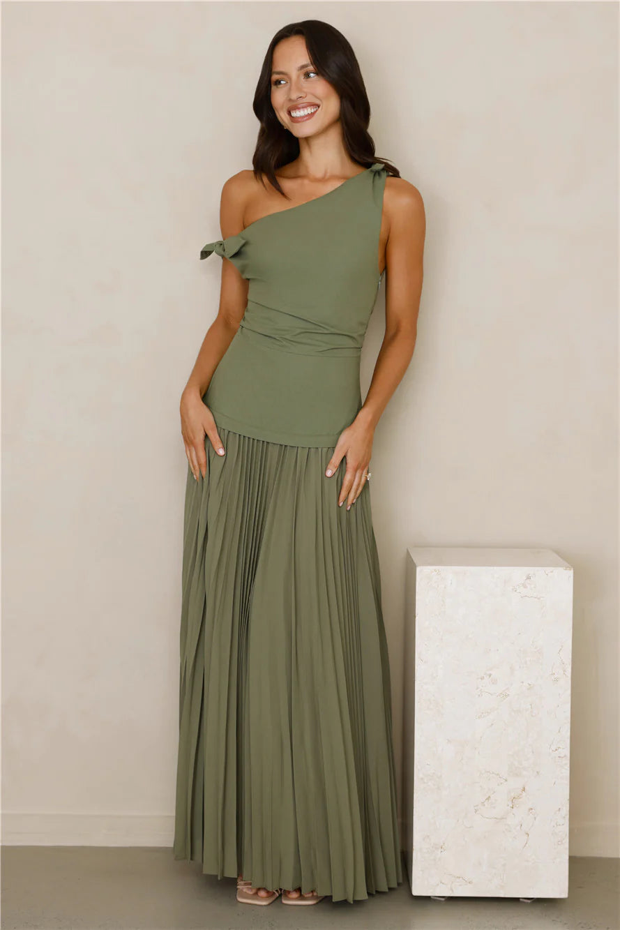 Pure Majesty Off Shoulder Maxi Dress Olive