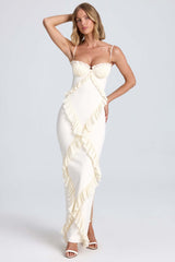 Kazumi-Plissé Ruffle-Trim Maxi Dress in Ivory