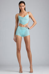 Stella-Embellished Mid-Rise Hot Pant Shorts in Ice Blue