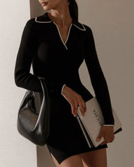 Black Contrasting V Neck Sweater Dress