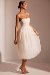 Rosette-Embellished Corset Tulle Skirt Midi Dress in Ivory