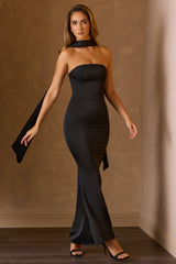 Mandi-Scarf-Detail Strapless Gown in Black
