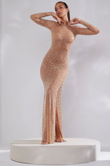 Portia-Sheer Embellished Long Sleeve Evening Gown in Almond
