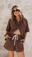 Loretta Button Up Shirt and Shorts Set - Chocolate