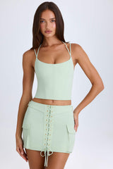 Mali-Lace-Up Micro Mini Skirt in Green