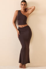 Lena-Modal Twist-Front Maxi Skirt in Chocolate Brown