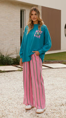 Matcha Long Sleeve Top and Pants Set - Teal / Pink