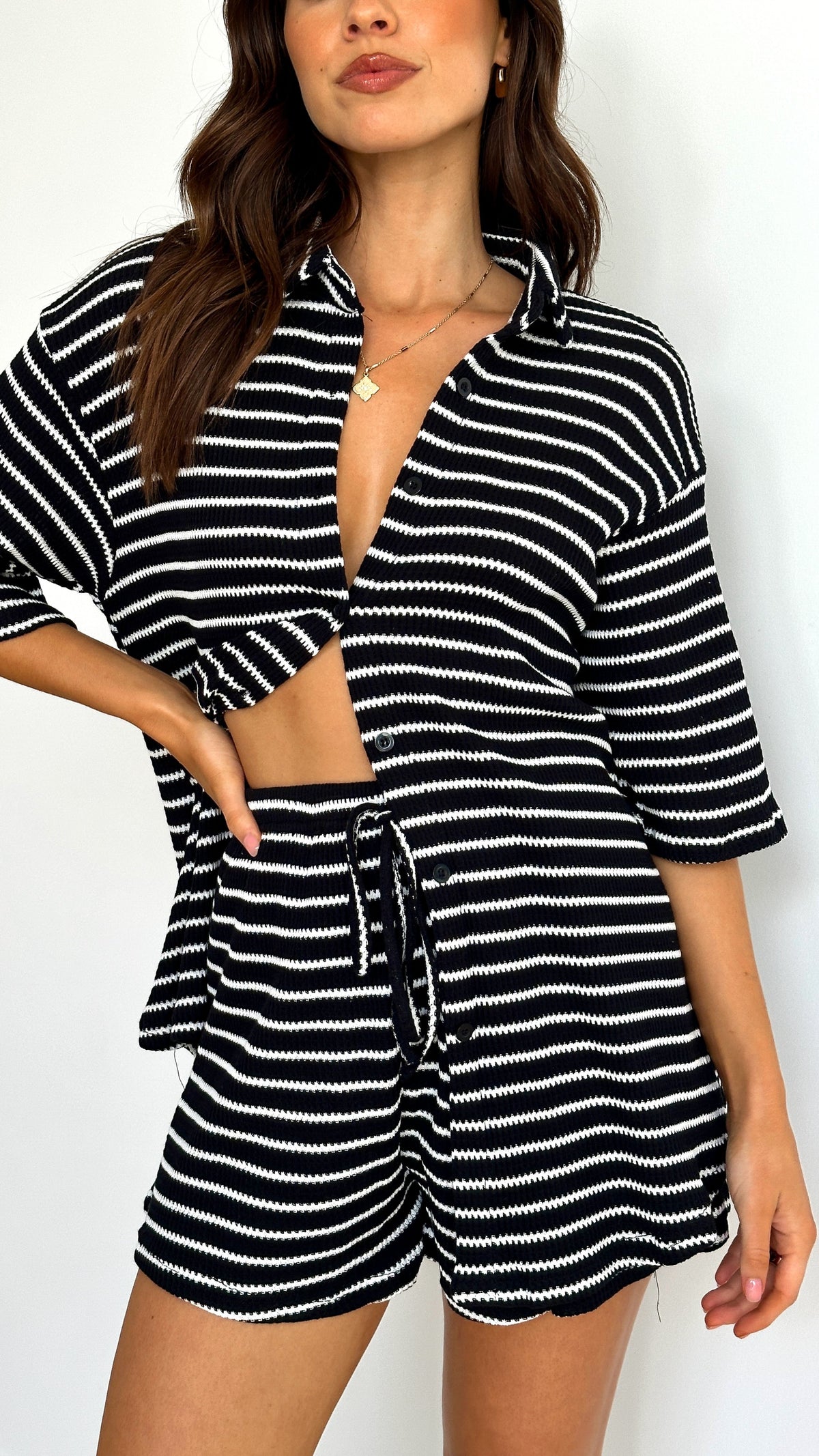 Lacole Button Up Shirt and Shorts Set - Black / White Stripe