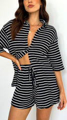 Lacole Button Up Shirt and Shorts Set - Black / White Stripe