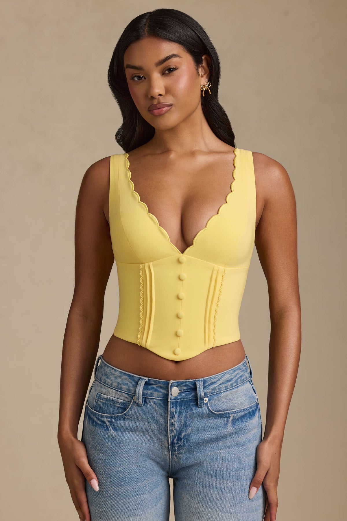 Lucia-Plunge-Neck Scalloped Corset Top in Pastel Yellow