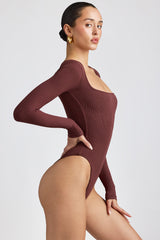 Jordan-Ribbed Modal Long Sleeve Bodysuit in Espresso