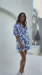 Charli Button Up Shirt and Shorts Set - White/Blue Swirl