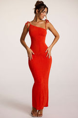 Noelia-Textured Jersey Open Back Maxi Dress in Fiery Red