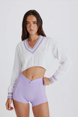 Cable Knit Cotton Cropped Jumper in Lilac Ivory