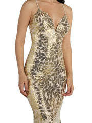 Gold 1920s Leaves Sequined Mesh Fishtail Dress