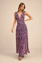 Evaluna Purple Abstract Print Lurex Pleated Maxi Dress