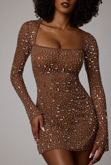 Zeta-Sheer Embellished Long Sleeve A-Line Mini Dress in Mocha