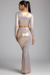 Zahra-Mid Rise Metallic Jersey Gown Skirt in Light Gold