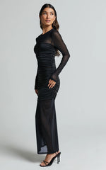 Sahara Midi Dress - Long Sleeve Mesh Dress in Black