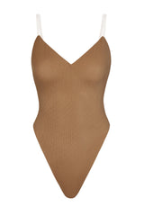 Intimates-Soft Mesh V-Neck Bodysuit in Almond
