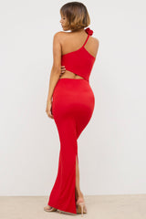 Kalina-Premium Jersey Asymmetric Cut Out Maxi Dress  in Scarlet Red