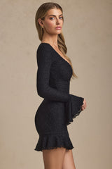 Nara-Long-Sleeve Ruffled Lace Mini Dress in Black