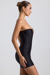 Socorra-Ruched Hardware Detail Strapless Mini Dress in Black