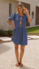 Cantara Tie Front Mini Dress - Mid Blue Denim