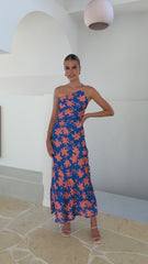 Verity One Shoulder Maxi Dress - Orange/Blue Floral