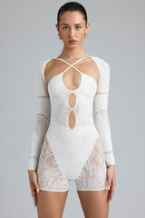 Melody-Embellished Cut-Out Unitard in Ivory