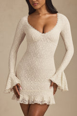 Nara-Long-Sleeve Ruffled Lace Mini Dress in Ivory