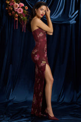 La Rochette-Bandeau Cowl-Neck Maxi Dress in Maroon Floral Print
