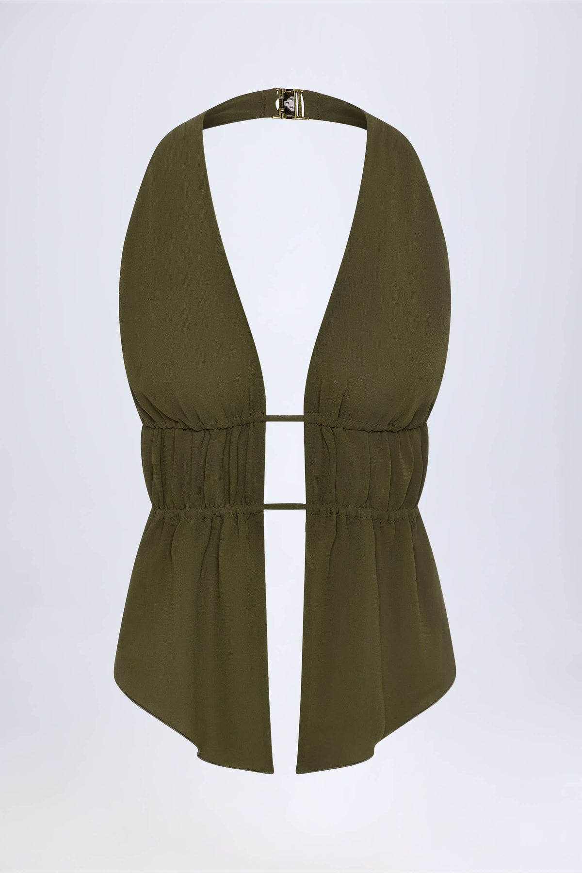 Larisa-Cut-Out Semi-Sheer Ruched Halterneck Crop Top in Dark Khaki